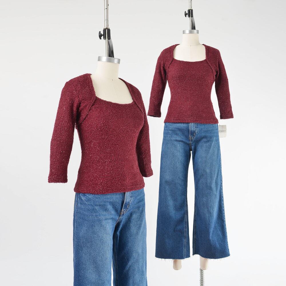 Vintage Y2K Sparkly Knit Top Burgundy Fuzzy Shrug Illusion Sweater Deadstock XS